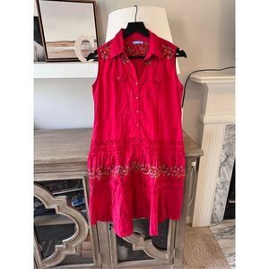 Ginger Red Embroidered Sleeveless Mini Dress Button Down Size Medium